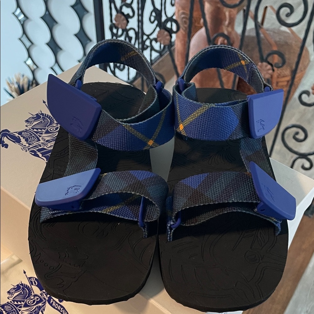Burberry Blue and Black Plaid Strap Sandals - Picture 3 of 8